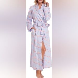 Lavenderi long Robe with Flamingo Design Large pockets XXL Spa Cotton